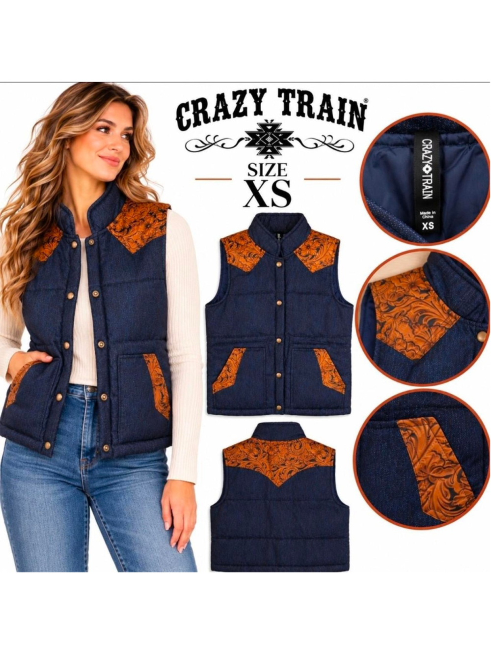 Crazy Train Western Tooled Leather Look Print Denim Puffer Vest XS NWT